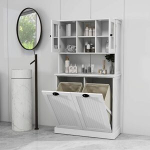 oqsc tall tilt-out double doors laundry cabinet hamper, large pull out laundry room storage cabinets, bathroom cabinet with hidden laundry hamper & glass doors, white,13 * 2 gallons