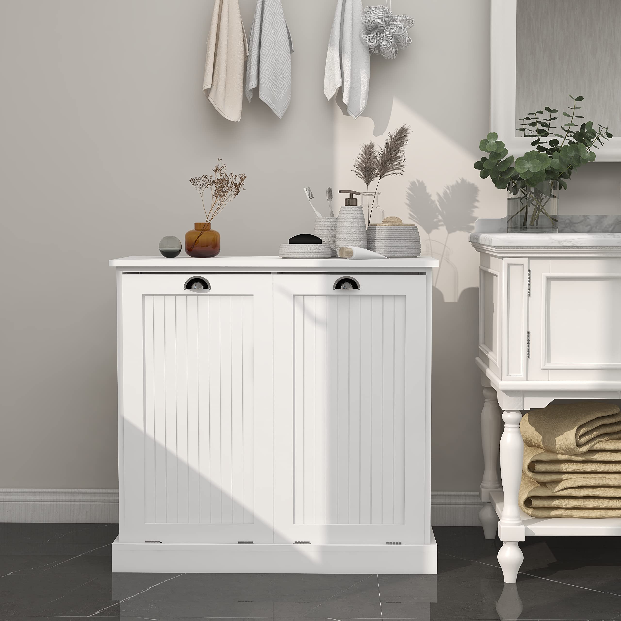 ODUWA Double Tilt Out Laundry Cabinet,Wood Hidden Laundry Hamper Cabinet with Removable Basket,Free Standing Bathroom Laundry Sorter Storage Cabinet