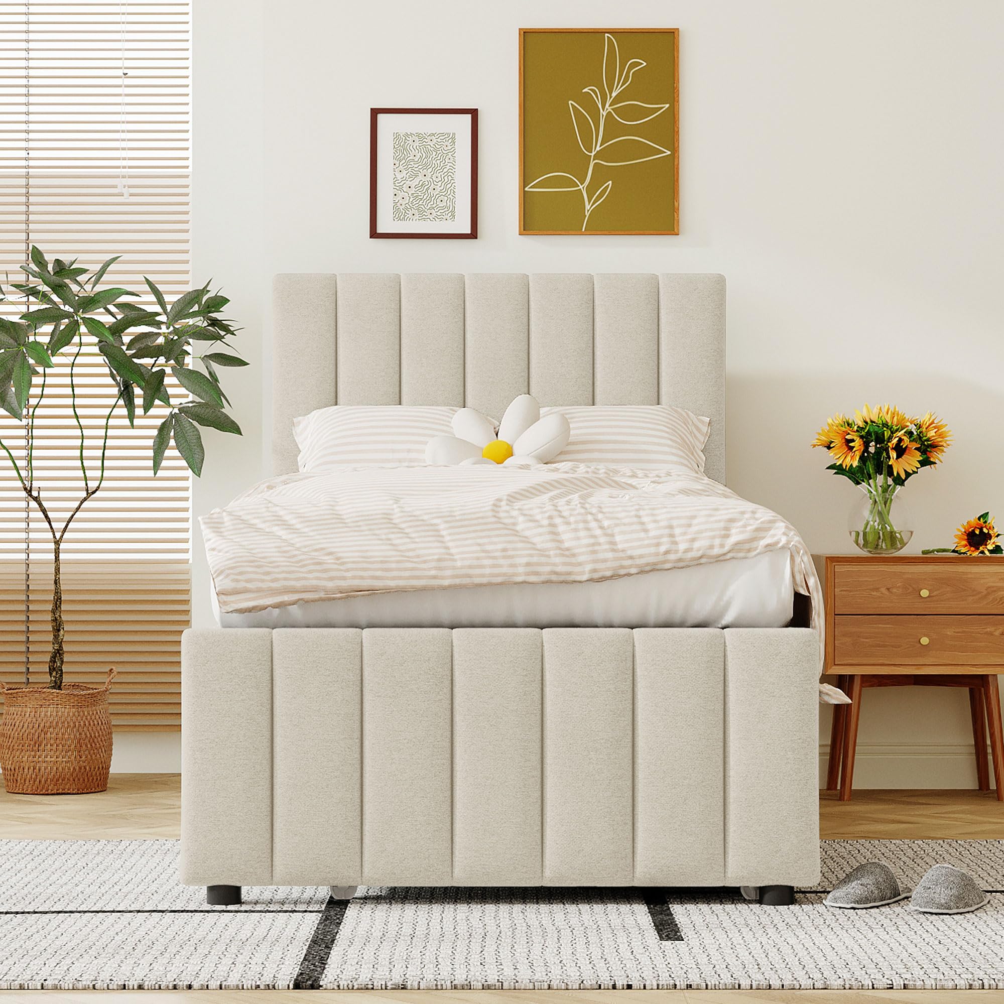 Twin Size Upholstered Captain Bed with Trundle and Storage Drawers, Linen Fabric Platform Bed with Channel Tufted Headboard, Modern Twin Bed for Kids Boys Girls Teens, Beige