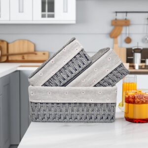 GIB Wicker Woven Storage Baskets with Lids Set of 3 Size, Paper Rope Small Nesting Baskets Removable Liner Container Bins for Shelves Desk Keys Gifts Makeup Organizer, Grey