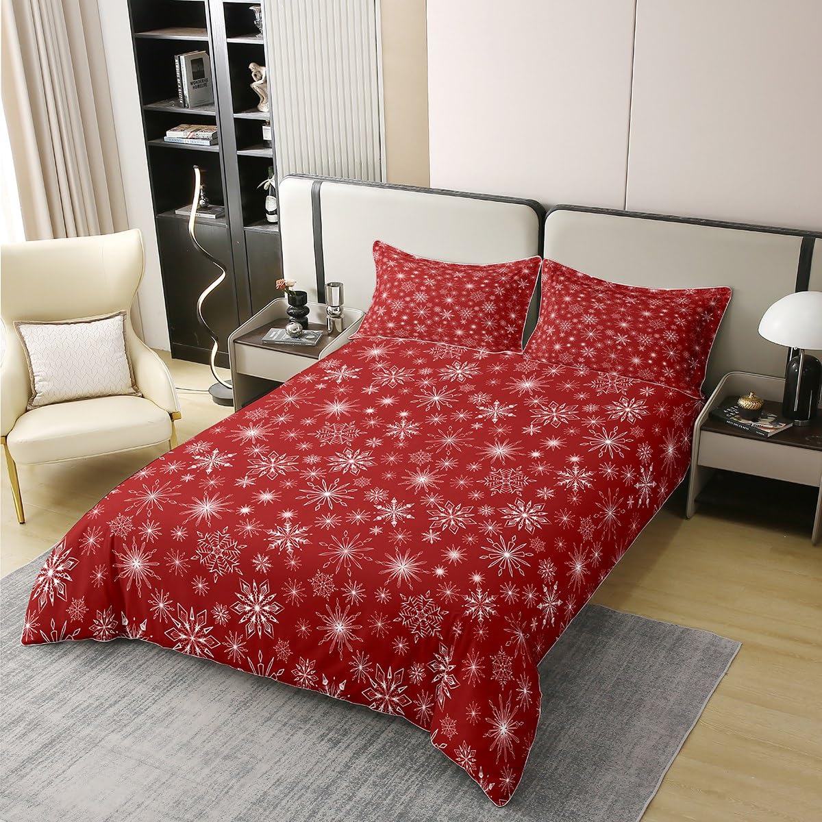 100% Cotton Red Christmas Duvet Cover King Girly Romantic Snowflake Bedding Set Princess Winter Comforter Cover Girls Modern Style Quilt Cover Bedroom Decor Red Floral Bed Set with 2 Pillow Cases