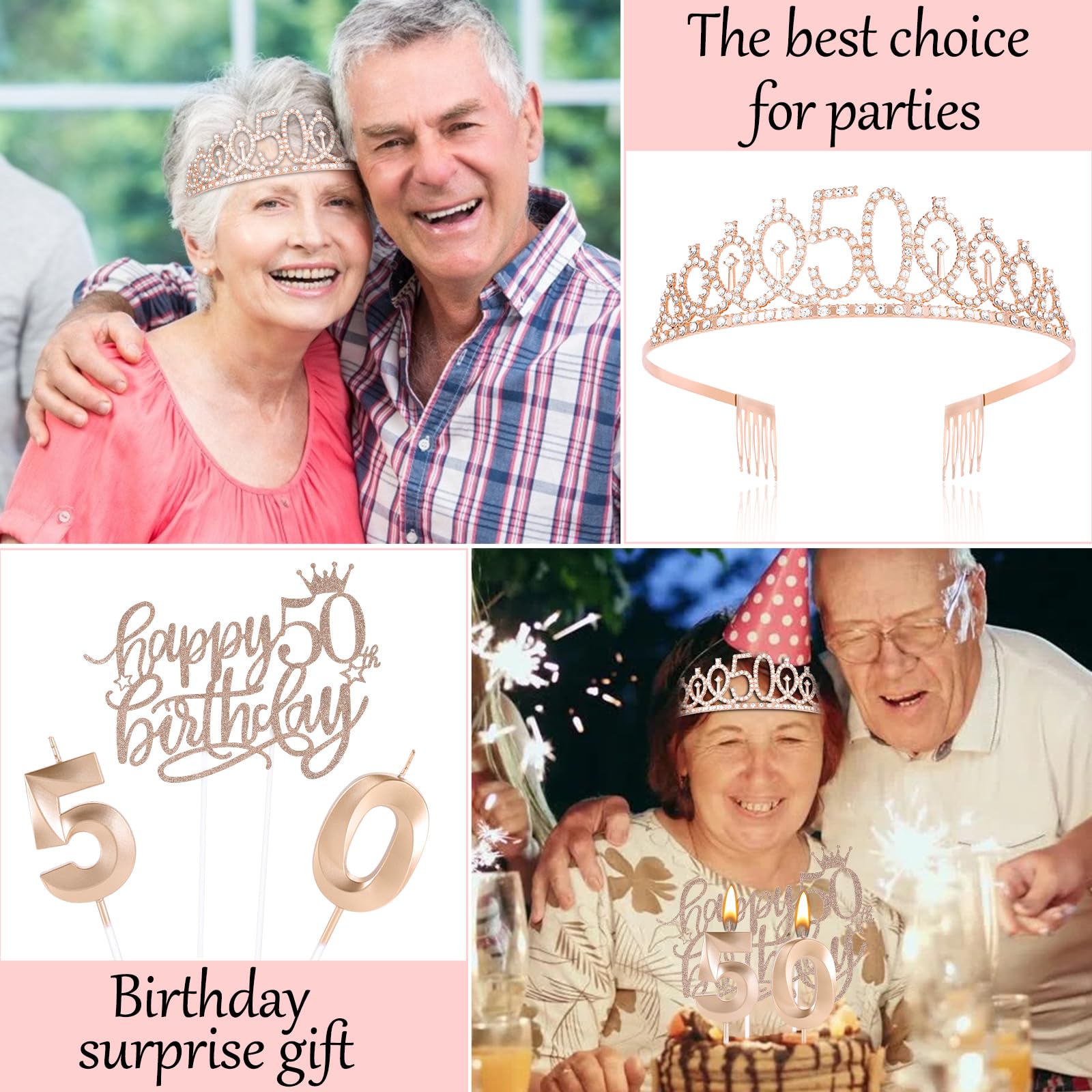 50th Birthday Decorations Gifts for Women Birthday Party Favors Including 50th Crown/Tiara,"Birthday fabulous" 50th Sash,50th Birthday Candles and Cake Toppers, Rose Gold 50th Balloons