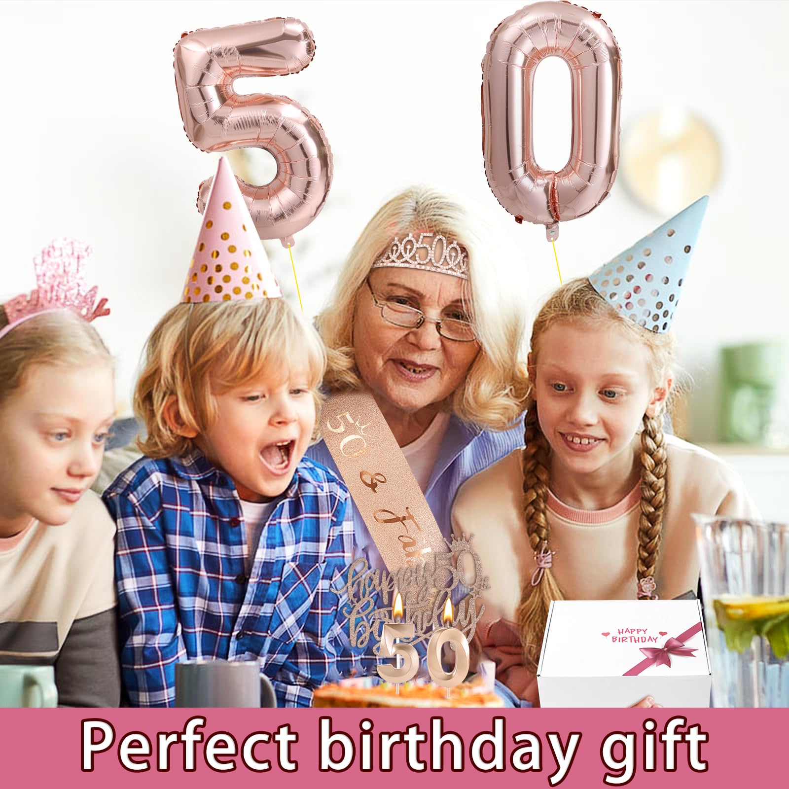 50th Birthday Decorations Gifts for Women Birthday Party Favors Including 50th Crown/Tiara,"Birthday fabulous" 50th Sash,50th Birthday Candles and Cake Toppers, Rose Gold 50th Balloons