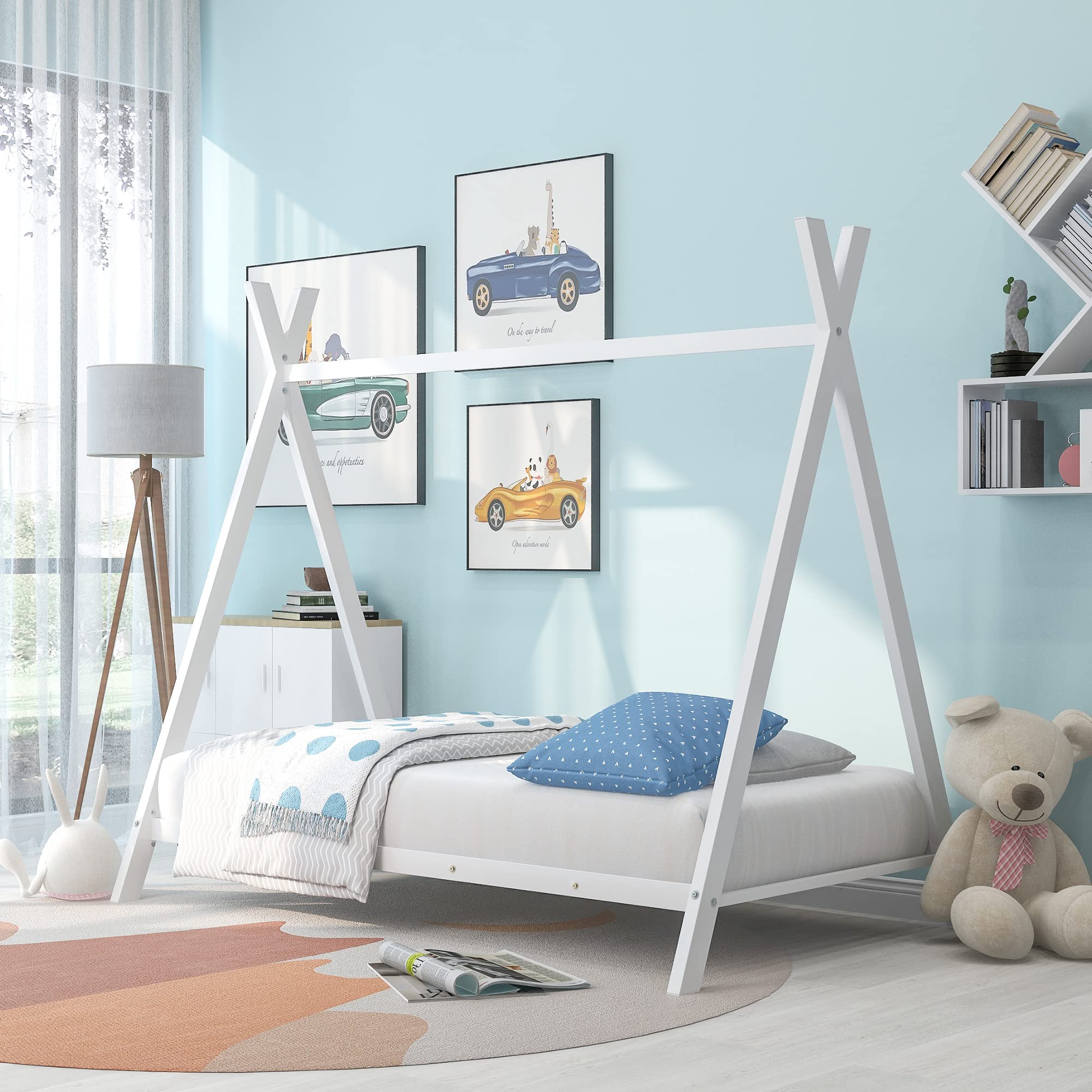 Bellemave Floor Bed Twin Size for Kids, Metal Montessori Floor Bed, Twin House Bed for Kids Girls Boys, Tent Bed, Twin,White