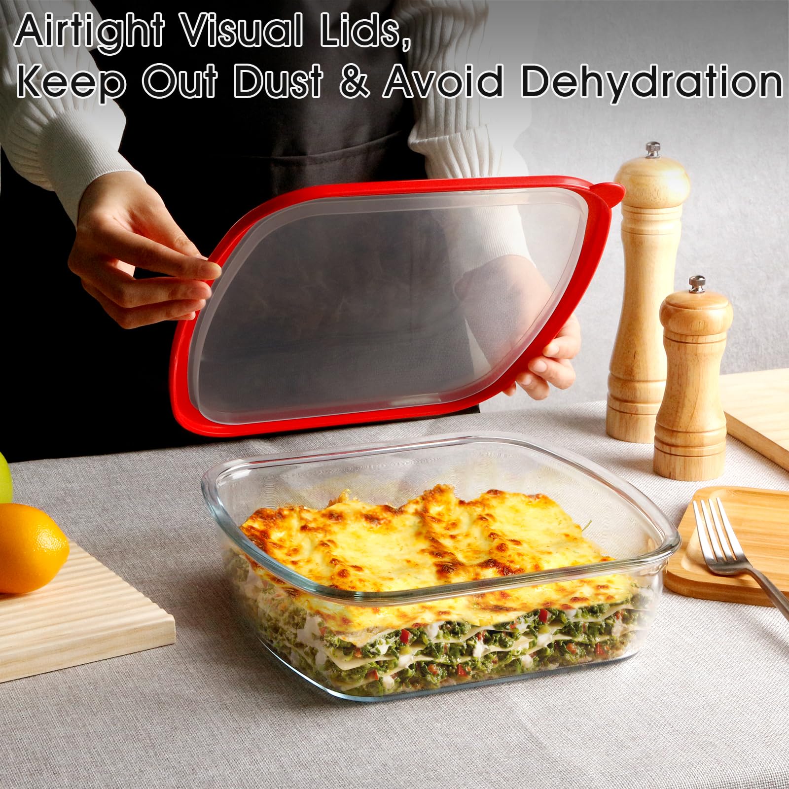 2.7 QT Square Glass Baking Dish with Red Visible Lid, 9x9 Baking Dish with Lid, LARGE and DEEP Baking Dish for Oven