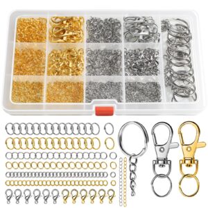 leobro jump rings, 968pcs jewelry making supplies, jump rings for jewelry making, gold silver jump rings for charm, lobster claw clasps for necklace bracelet jewelry, key chain rings for keychain