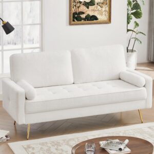 HIFIT 70" White Loveseat Sofa Couch, Mid Century Modern Fluffy Couch with Deep Love Seat & 2 Pillow, Comfy 3-Seater Home Sofa Living Room Small Couches for Small Space,Bedroom,Office, Solid Wood Frame