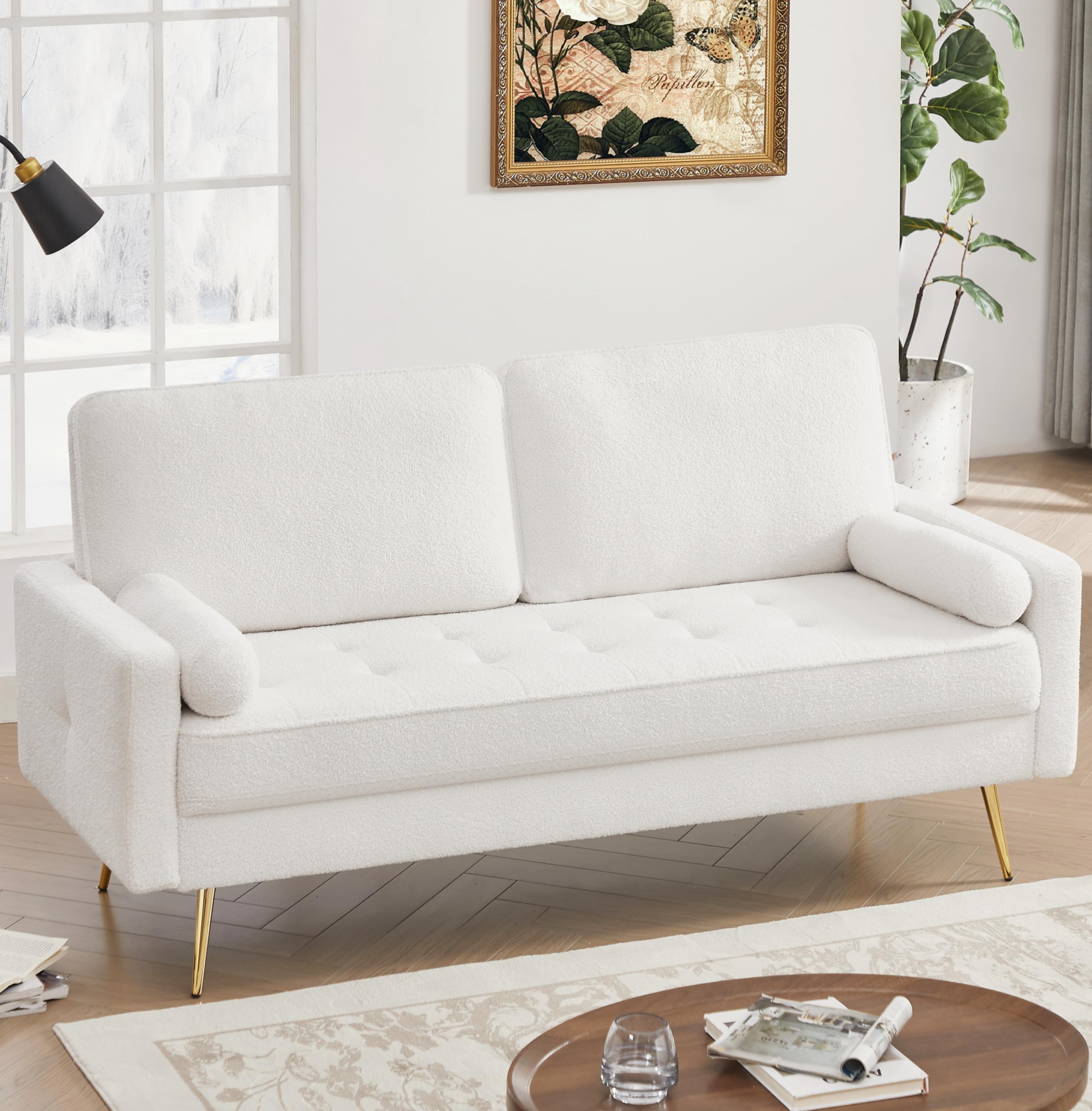 HIFIT 70" White Loveseat Sofa Couch, Mid Century Modern Fluffy Couch with Deep Love Seat & 2 Pillow, Comfy 3-Seater Home Sofa Living Room Small Couches for Small Space,Bedroom,Office, Solid Wood Frame