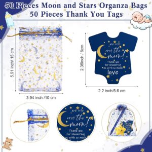 Remuuly 50 Sets Over the Moon Party Gifts Baby Shower Favor for Guests 25 Moon Keychain 25 Star Keychain 50 Thank You Cards 50 Thank You Pens and Organza Bags Baby Shower for Guests Gender Reveal