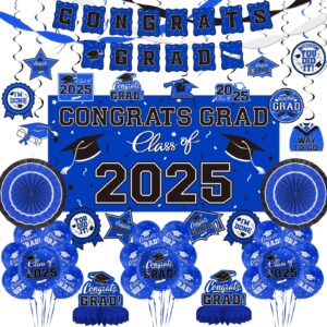 blue themed 2025 graduation decorations set - congrats grad banner, class of 2025 backdrop, balloons & streamers kit - complete party supplies for high school & college celebrations