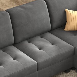 HONBAY Velvet Convertible Sectional Sofa L Shaped Couch Reversible 4 Seat Corner Sectional Sofa for Small Space, Grey