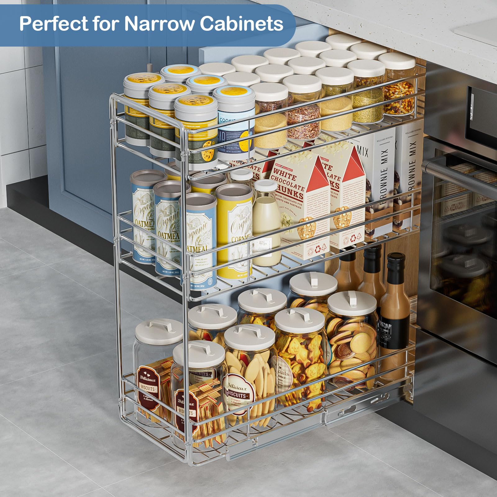 ROOMTEC Pull Out Spice Rack for Narrow Cabinet (5½" W X 21" D),3 Tier Slide Out Cabinet Organizer and Pull Out Shelves Under Cabinet Storage for Kitchen, Chrome