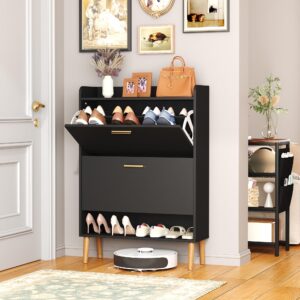 HOMEFORT Shoe Cabinet for Entryway, Shoe Storage Cabinet with 2 Flip Drawers, 30" Narrow Shoe Organizer Cabinet for Front Door Entrance, Modern Slim Hidden Shoe Rack Cabinet in Balck