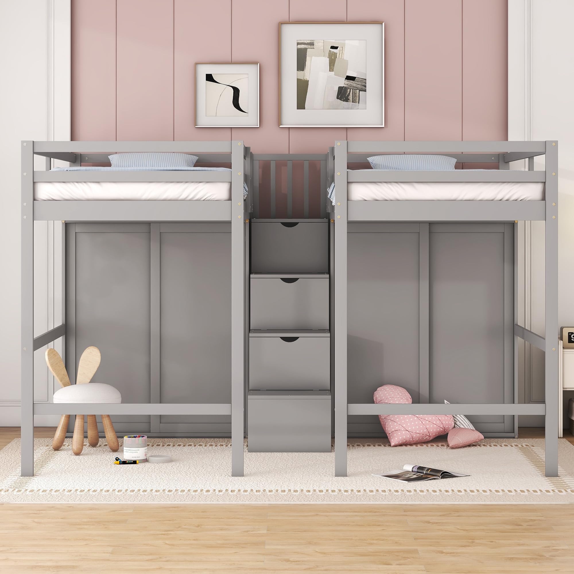 Double Loft Beds with Stairs and 2 Wardrobes, Twin Size Wood Loft Bed Frame with Large Storage Staircase and Closet for Two Kids Girls Boys Teens, No Box Spring Needed, Gray