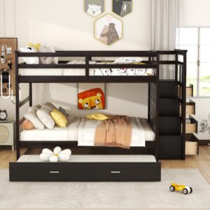 full over full bunk bed with stairs and trundle, kids full size bunk beds with storage drawers, wood trundle bunk beds with guardrail for kids teens adults,espresso