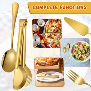 Tanlade 19 Pcs Stainless Steel Serving Utensils Set Flatware Include Spoons Forks Slotted Spoons Soup Ladle Skimmers Pie Server Serving Tongs for Home Buffet Party Breakfast Dinner(Gold)