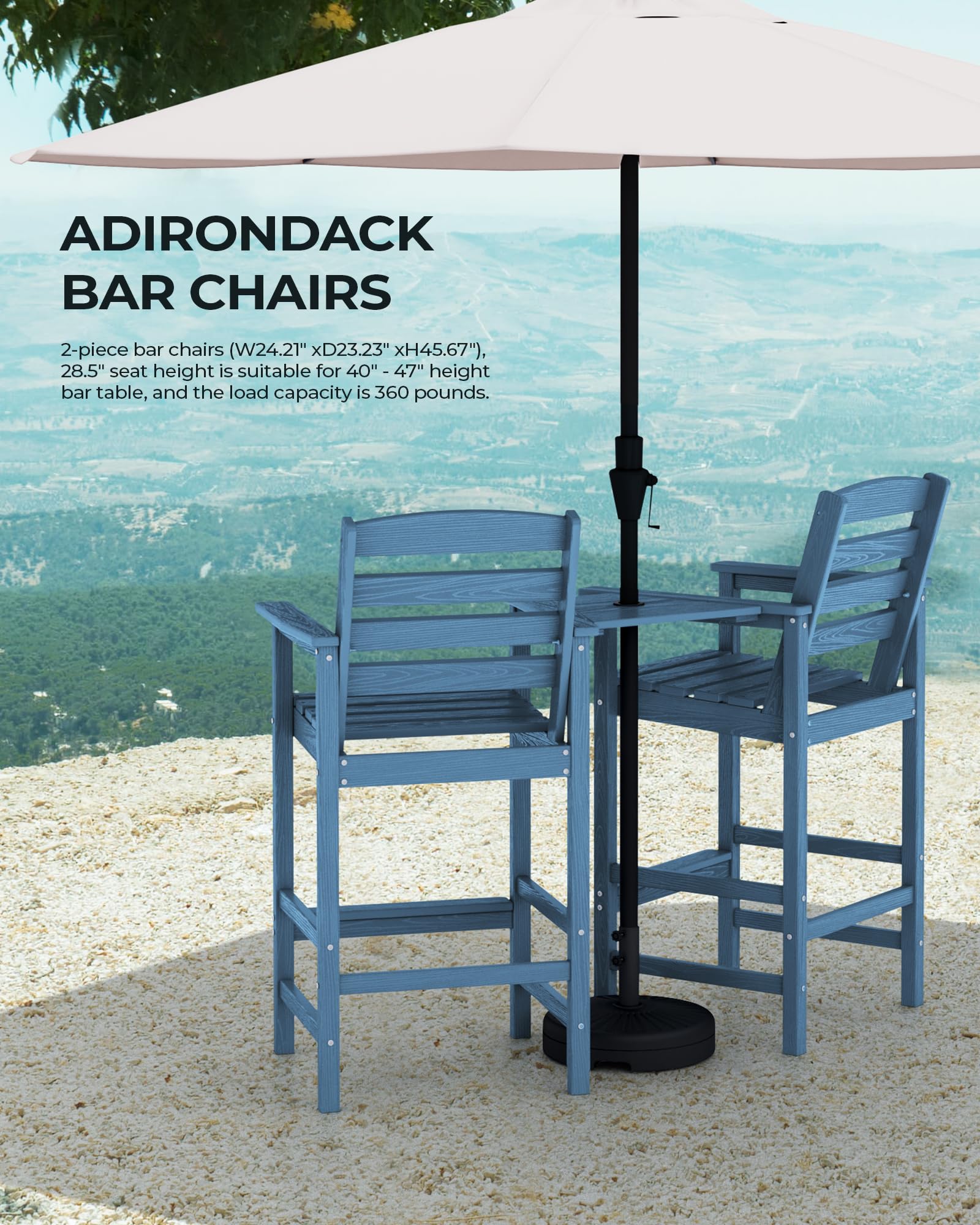 SERWALL Tall Adirondack Chairs Set of 2 with Connecting Table, Blue