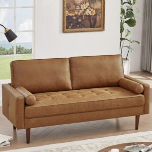 hifit 58" loveseat sofa couch, mid century modern faux leather couch with hand-sewn deep love seat & 2pillows, home sofa living room small couches for small space,bedroom,office,solid wood frame,brown