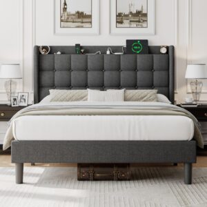 ipormis queen bed frame with charging & storage, upholstered platform bed with button tufted wingback headboard, heavy-duty foundation, no box spring needed, dark grey