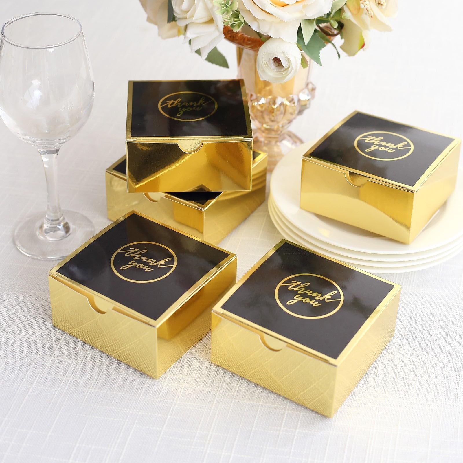 Efavormart 25 Pack Black Gold Thank You Print Paper Gift Boxes, Cardstock Party Shower Candy Favor Boxes - 4"x4"x2"