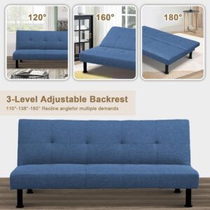 SumKea Convertible Flannel Sofa Adjustable Futon Couch Bed with Sturdy Legs for Living Room and Bedroom, Blue