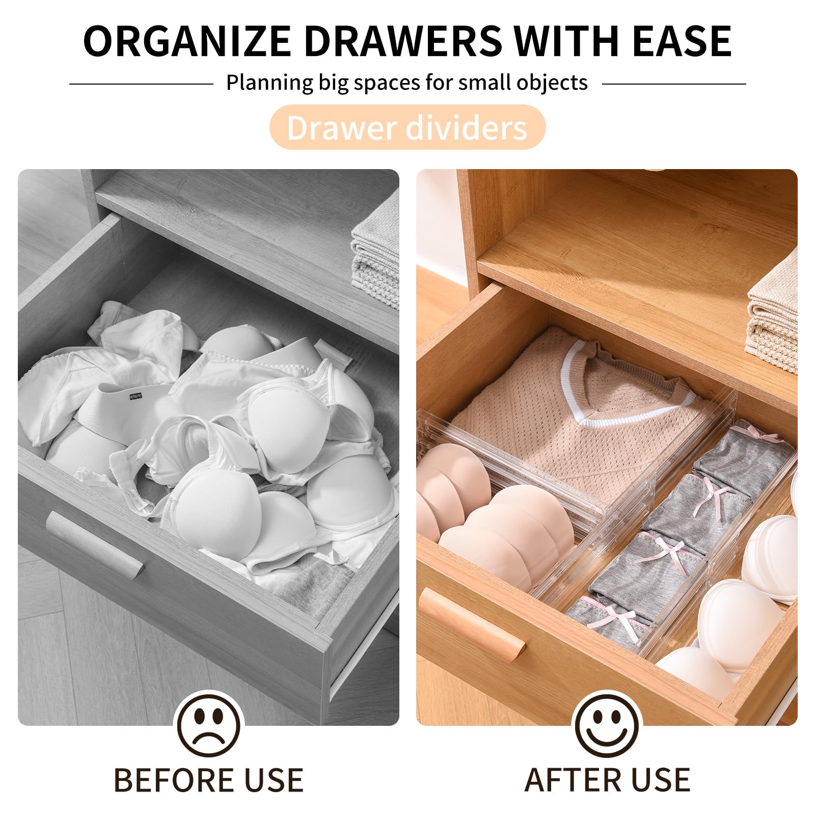 seinlife 6 Pack Plastic Drawer Dividers 3.2" High, 11-19.7" Adjustable Drawer Organizers for Clothes, Expandable Separators in Bedroom/Kitchen/Office Organization and Makeup Cosmetic Storage-Clear