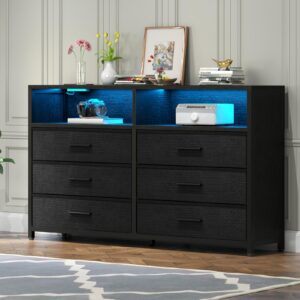 loomie 6 drawers dresser with power outlets and led lights, black dresser with 2 top cubby, tall wide fabric double chest of drawers,modern dresser tv stand for up to 60" tv for bedroom, living room