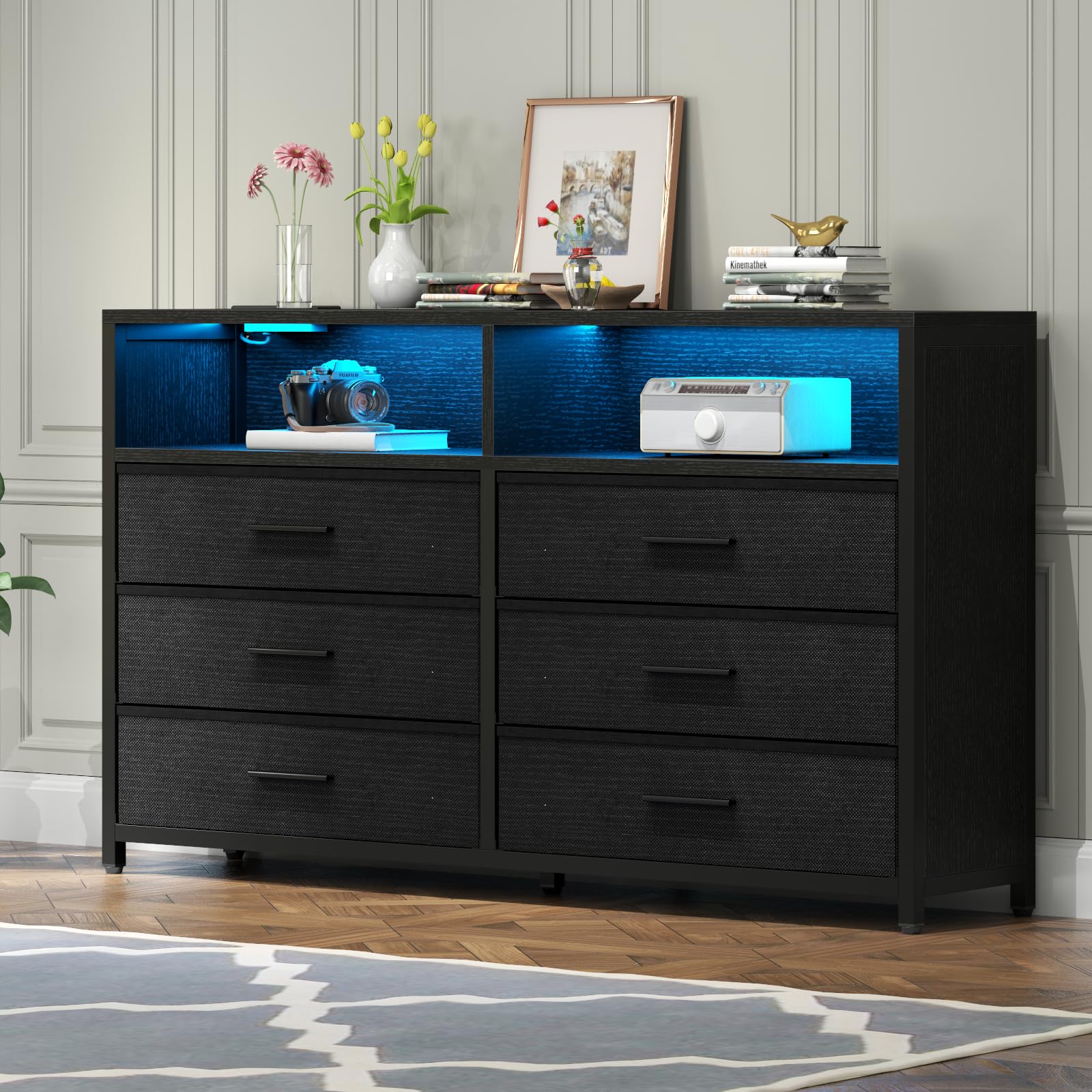 Loomie 6 Drawers Dresser with Power Outlets and LED Lights, Black Dresser with 2 Top Cubby, Tall Wide Fabric Double Chest of Drawers,Modern Dresser Tv Stand for up to 60" TV for Bedroom, Living Room