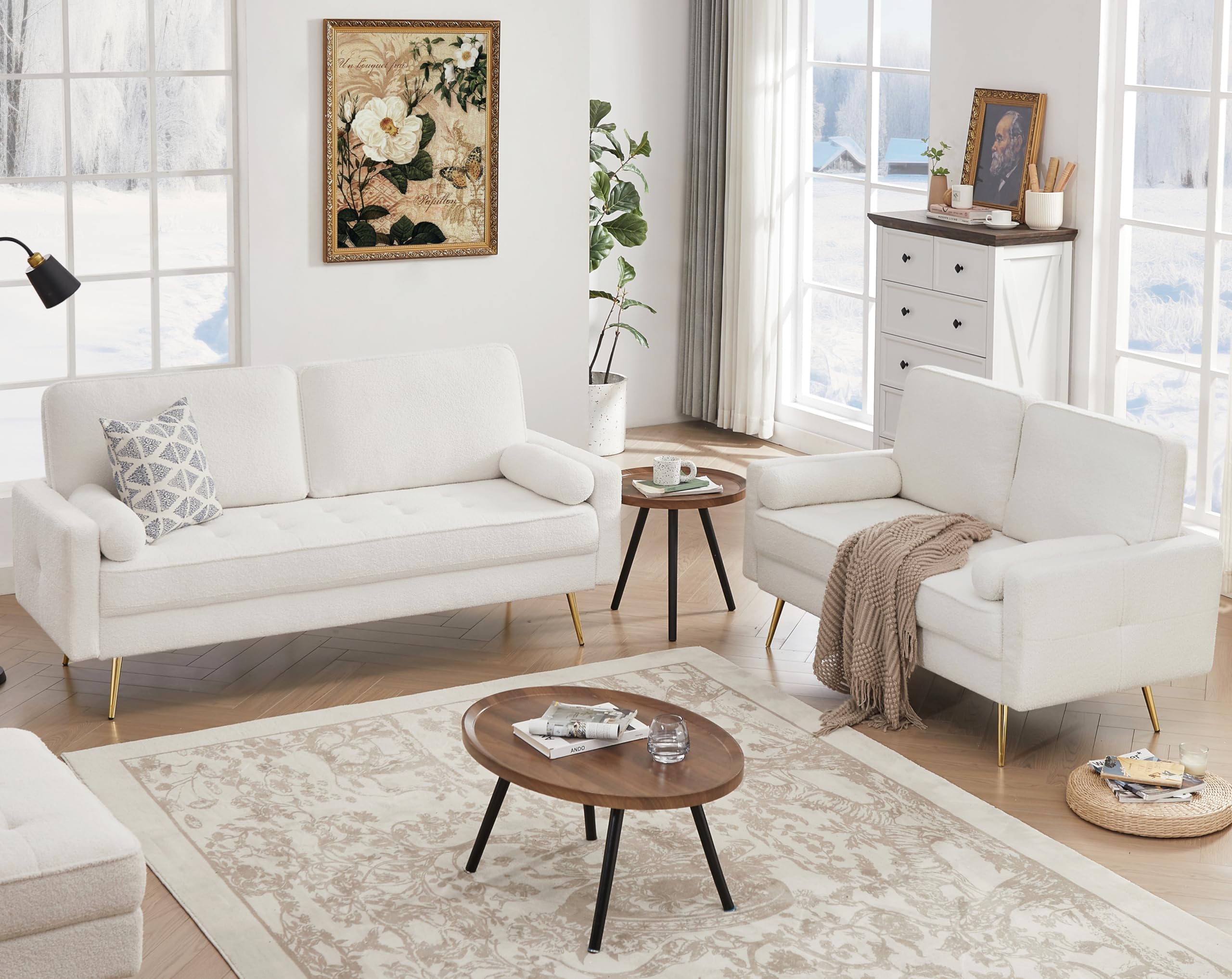 HIFIT 70" White Loveseat Sofa Couch, Mid Century Modern Fluffy Couch with Deep Love Seat & 2 Pillow, Comfy 3-Seater Home Sofa Living Room Small Couches for Small Space,Bedroom,Office, Solid Wood Frame