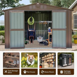 HiKingKing 10x8 Ft Metal Outdoor Tool House, Large Steel Utility Backyard Storage Sheds with Double Lockable Doors & Air Vents, Waterproof for Garden, Patio Lawn, Brown