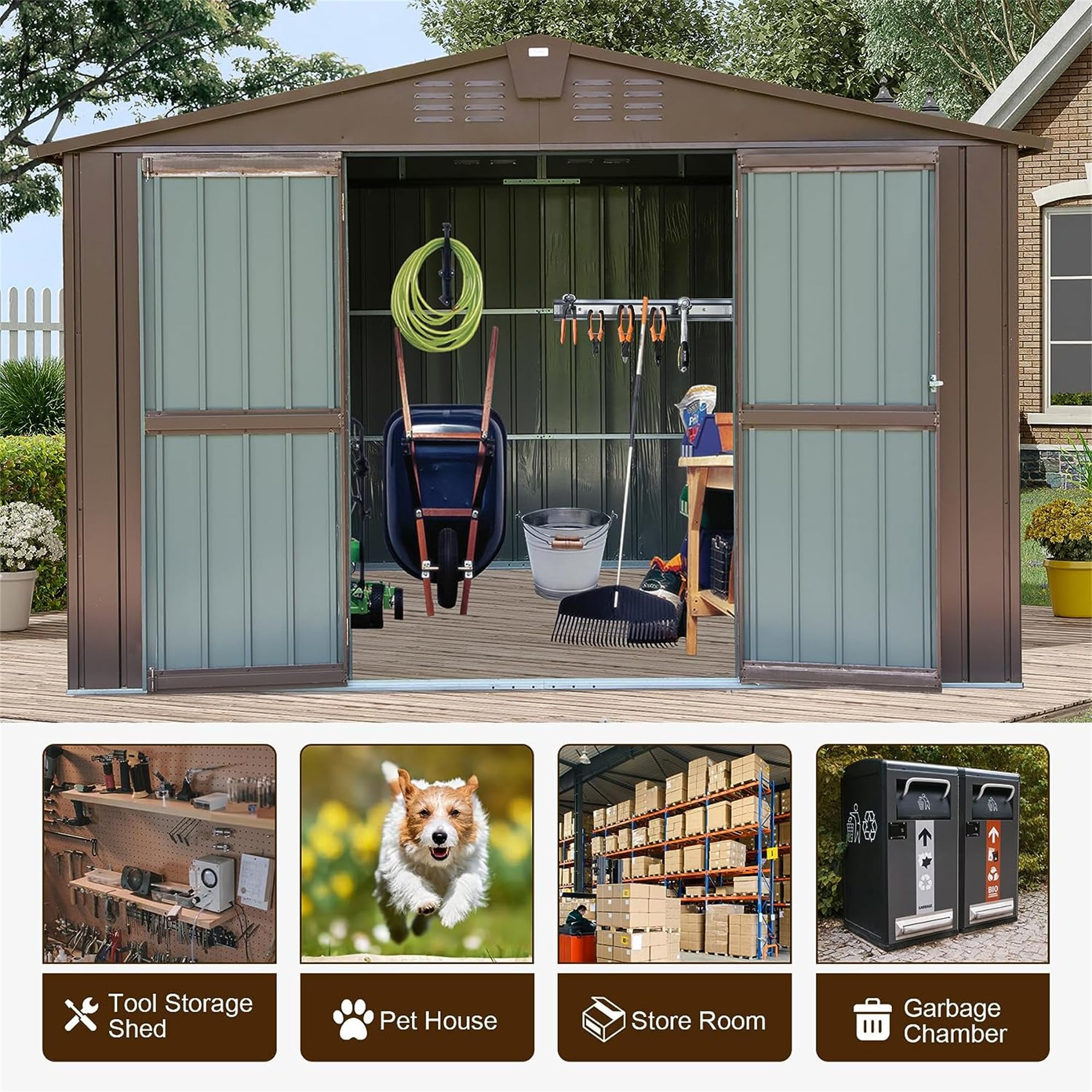 HiKingKing 10x8 Ft Metal Outdoor Tool House, Large Steel Utility Backyard Storage Sheds with Double Lockable Doors & Air Vents, Waterproof for Garden, Patio Lawn, Brown