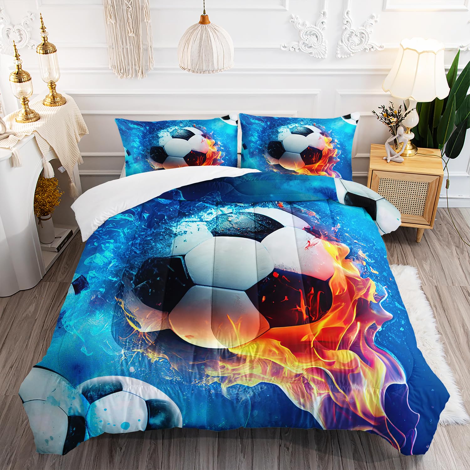 AILONEN Soccer Bedding Set Soccer Ball Print Comforter Set, Full Size Ice and Flame Sport Boys Soccer Comforter Set,Football Bed in a Bag 3 Pieces, 1 Quilt and 2 Pillowcases