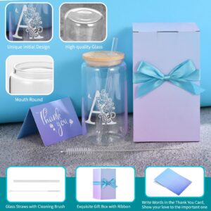 MAFYE Initial Glass Cups with Lids and Straws, Monogrammed Present for Women, 16oz Beer Glass Tumbler, Iced Coffee Mug, Personalized Present with Box and Card. Women's Day Birthday Present for Her