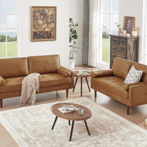 HIFIT 58" Loveseat Sofa Couch, Mid Century Modern Faux Leather Couch with Hand-Sewn Deep Love Seat & 2Pillows, Home Sofa Living Room Small Couches for Small Space,Bedroom,Office,Solid Wood Frame,Brown