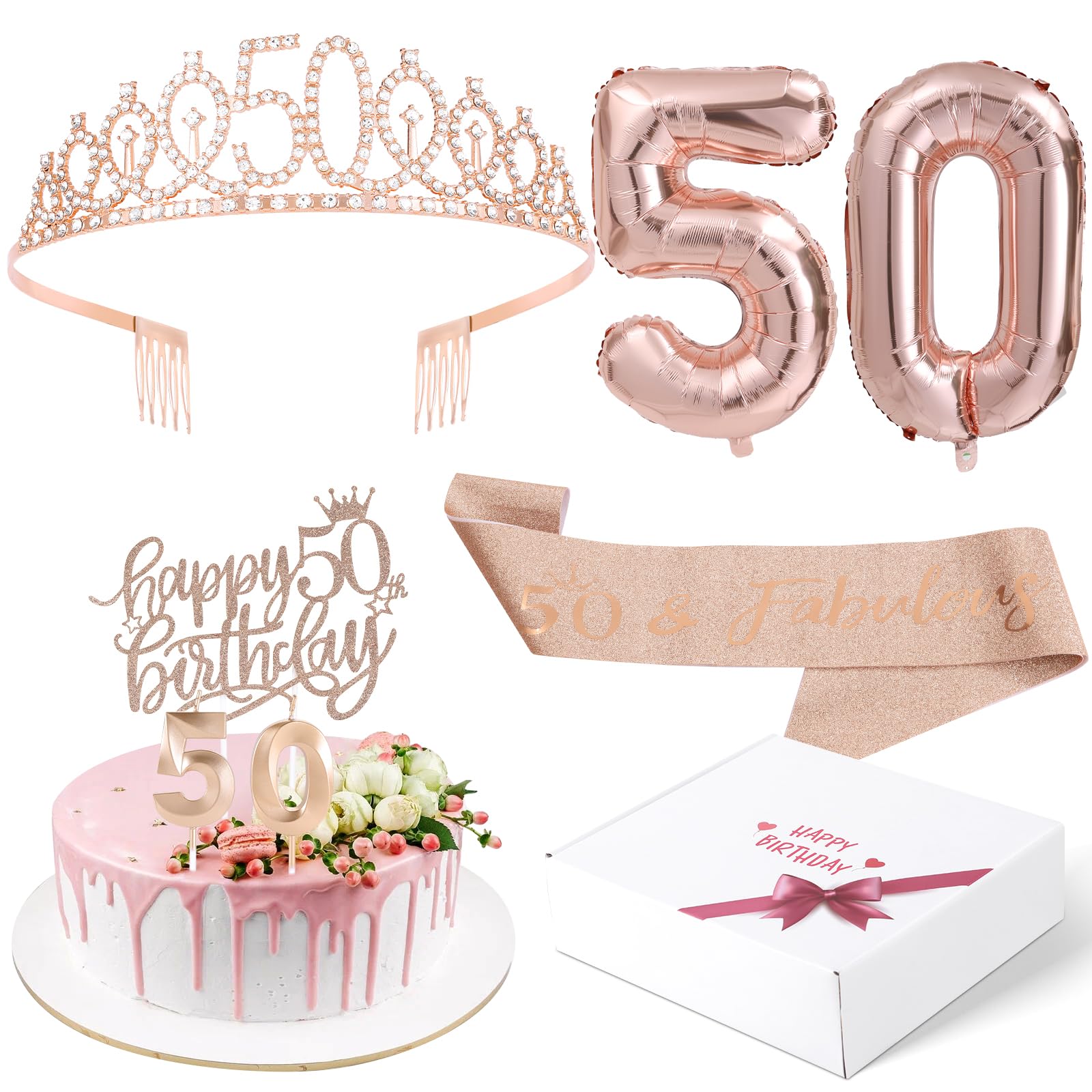 50th Birthday Decorations Gifts for Women Birthday Party Favors Including 50th Crown/Tiara,"Birthday fabulous" 50th Sash,50th Birthday Candles and Cake Toppers, Rose Gold 50th Balloons