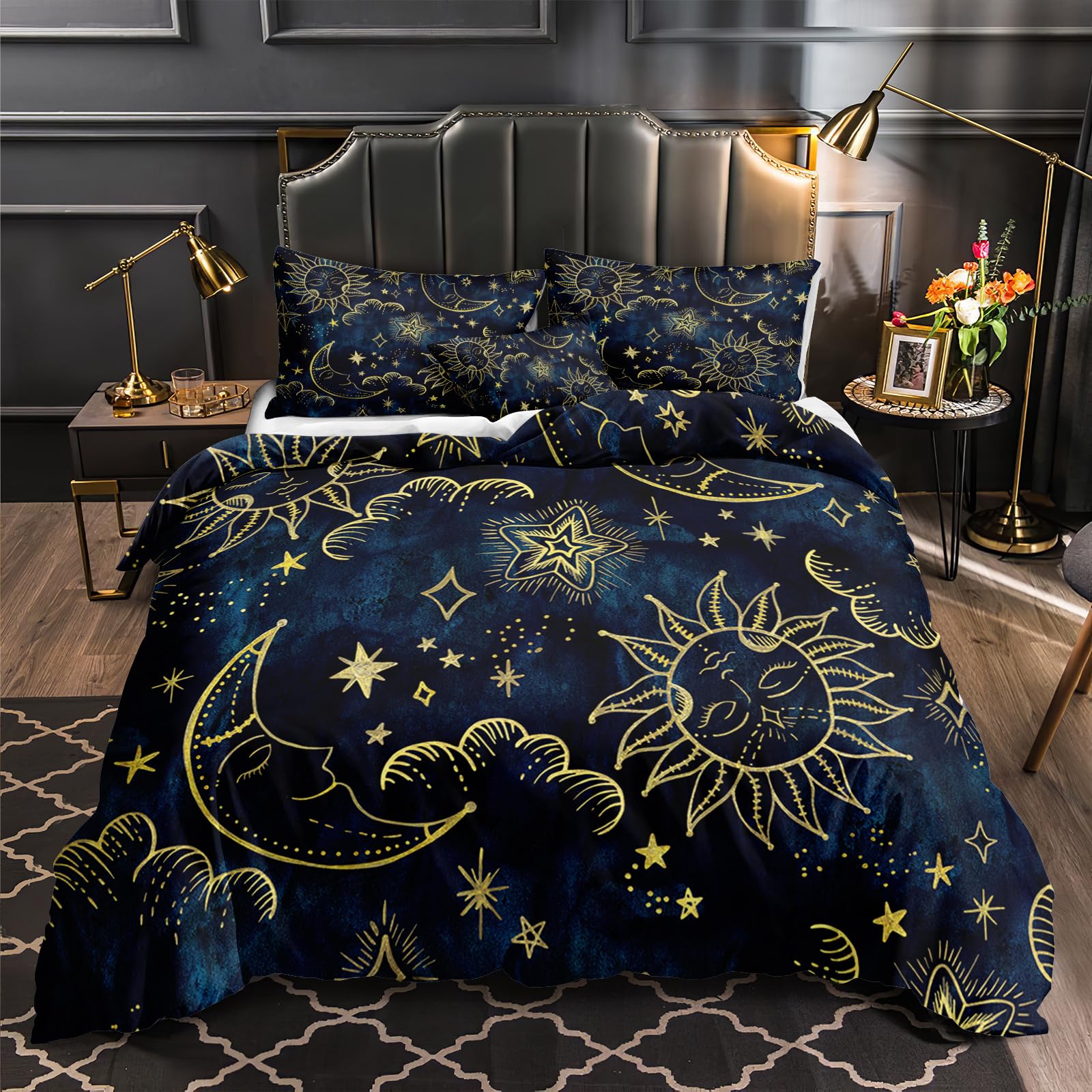 Merryword Sun and Moon Comforter Set Queen Size Blue Gold Bedding Comforter Blue Universe Galaxy Sun Moon Pattern Bohemian Gothic Comforter Set for Kids Boys Teens