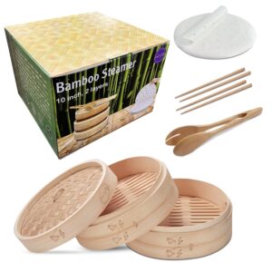 bamboo steamer basket for cooking - healthy food steaming with chopsticks, bamboo clip, & 50 liners -10 inch 2 levels