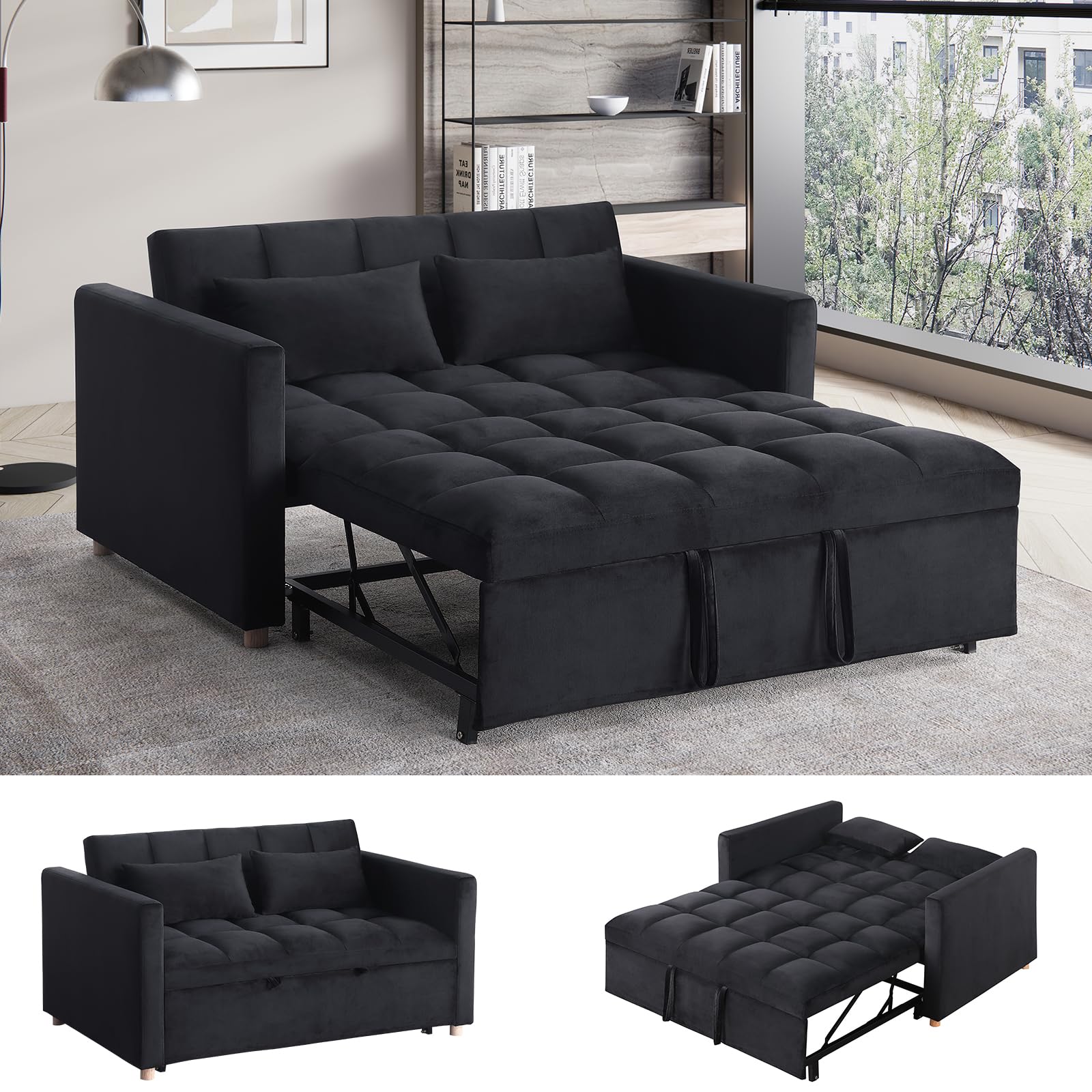 Keainvren Sleeper Sofa Convertible Sofa Bed Loveseat Sleeper Sofa Couch Futon Sofa Couch Velvet Chaise Longue Daybed with Lumbar Pillows for Living Room,Bedroom,Apartment (Black 4)