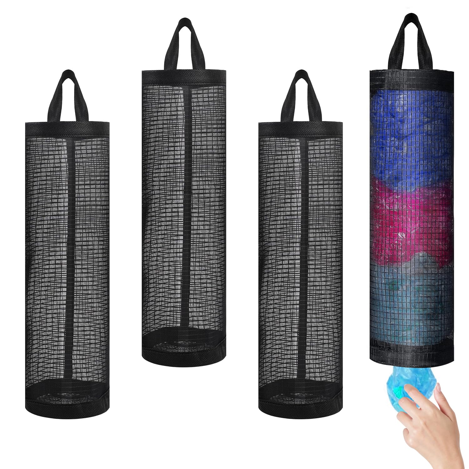 OWMOSYX 4 Pcs Plastic Bag Holder for Grocery Bags, Hanging Storage Bags Plastic Mesh Bags Dispenser Organizer Trash Bags Grocery Shopping Bag Holder for Home And Kitchen