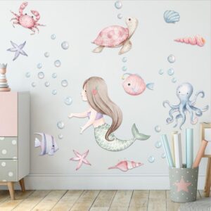 muweol under the sea mermaid wall decals - ocean fish turtle wall stickers bathroom girls bedroom baby nursery wall decoration,sea animals wall stickers