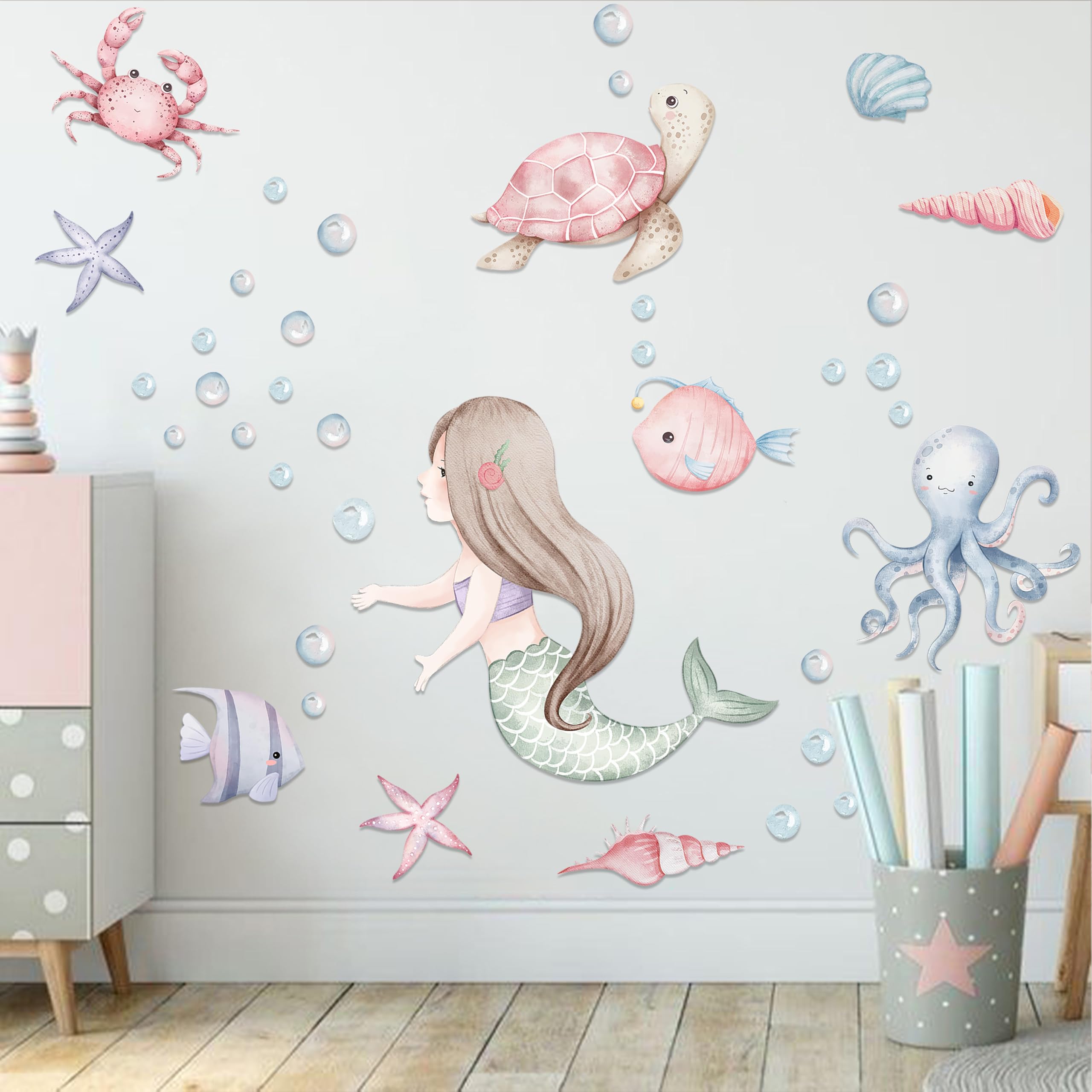 MUWEOL Under The Sea Mermaid Wall Decals - Ocean Fish Turtle Wall Stickers Bathroom Girls Bedroom Baby Nursery Wall Decoration,Sea Animals Wall Stickers