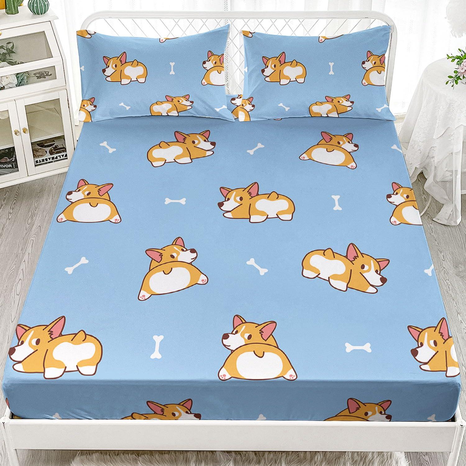 Smell Sunshine Cute Puppy Sheets Set 4Pcs for Kids,Cute Puppy Printed Sheet Set with 1 Flat Sheet and 1 Fitted Sheet + 2 Pillowcases(Cute Puppy Queen)