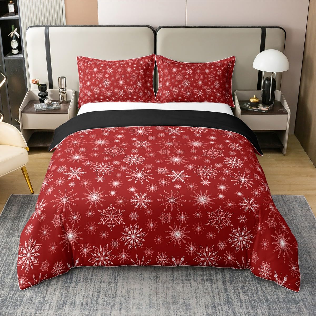 100% Cotton Red Christmas Duvet Cover King Girly Romantic Snowflake Bedding Set Princess Winter Comforter Cover Girls Modern Style Quilt Cover Bedroom Decor Red Floral Bed Set with 2 Pillow Cases