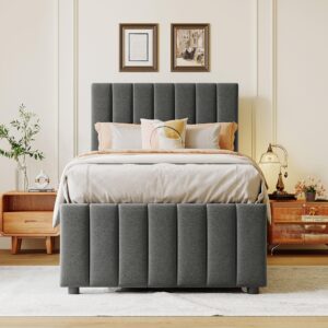 Bellemave Twin Size Upholstered Captain Bed with Trundle and Storage Drawers, Linen Fabric Platform Bed with Channel Tufted Headboard, Modern Twin Bed for Kids Boys Girls Teens, Gray