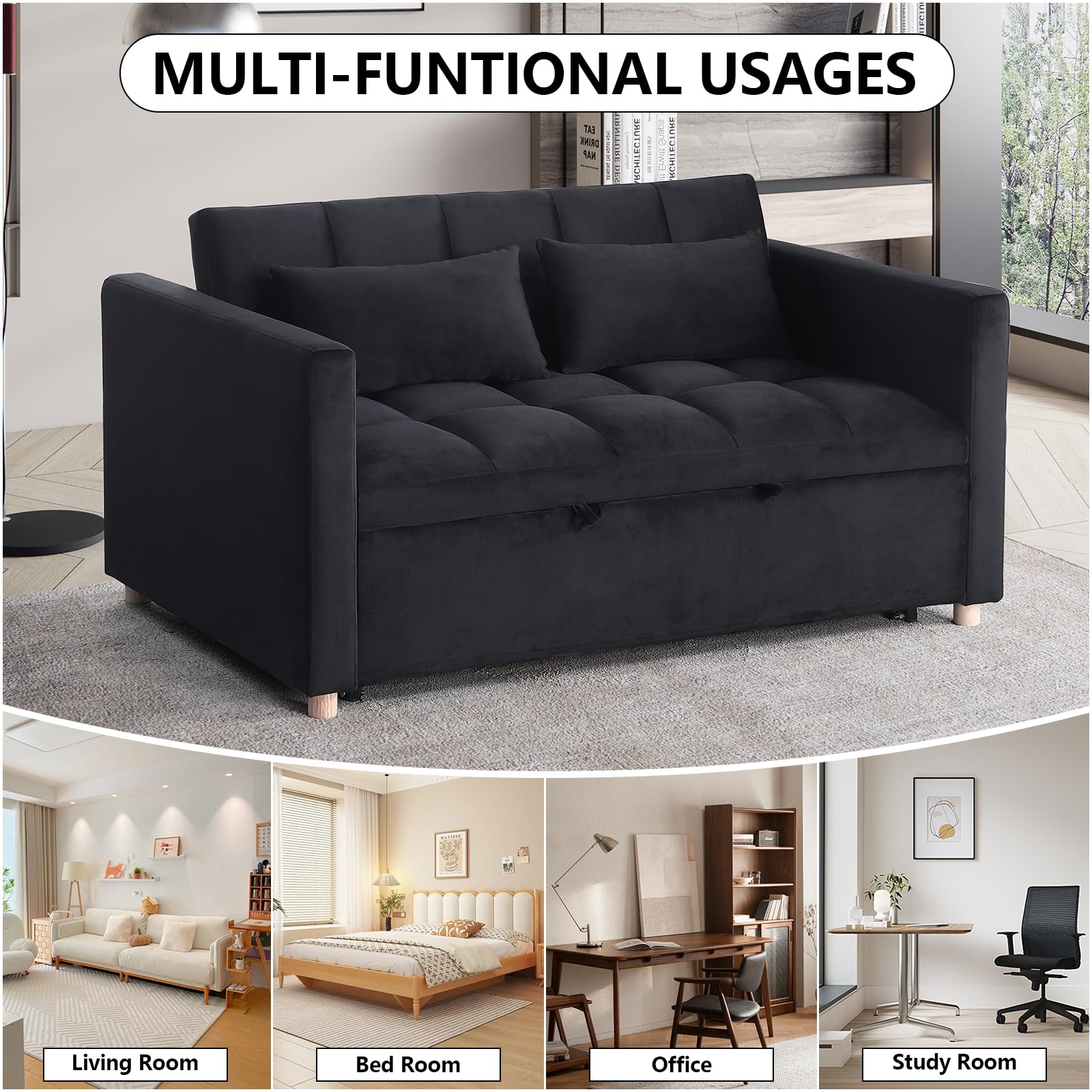 Keainvren Sleeper Sofa Convertible Sofa Bed Loveseat Sleeper Sofa Couch Futon Sofa Couch Velvet Chaise Longue Daybed with Lumbar Pillows for Living Room,Bedroom,Apartment (Black 4)