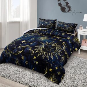 Merryword Sun and Moon Comforter Set Queen Size Blue Gold Bedding Comforter Blue Universe Galaxy Sun Moon Pattern Bohemian Gothic Comforter Set for Kids Boys Teens