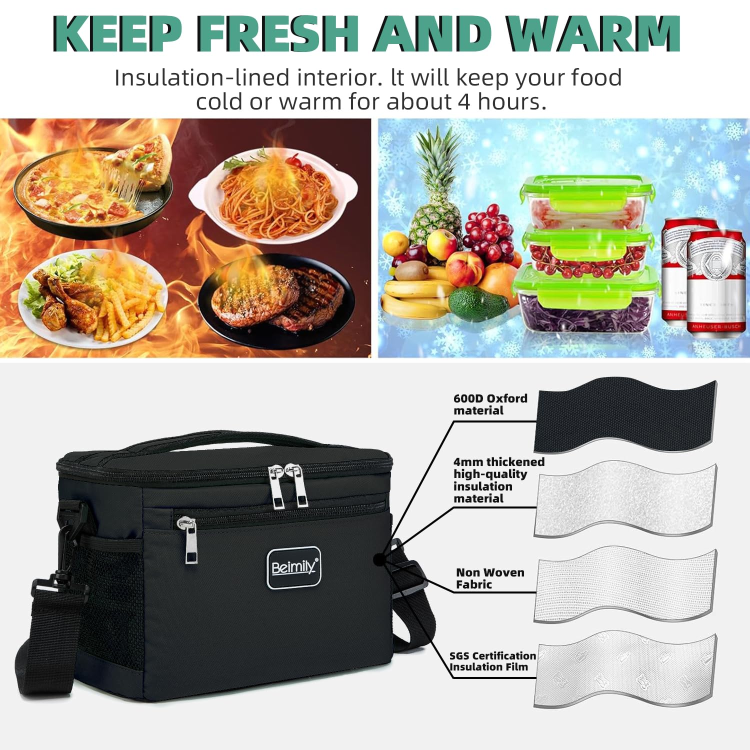 BEIMILY Lunch Box for Men/Women,Lunch Bag,Small Insulated Lunch Soft Cooler Bag Tote,Small Lunch Bag for Work,Adult Lunch Box,Reusable Leakproof Lunch Bag with Adjustable Shoulder Strap(Black)