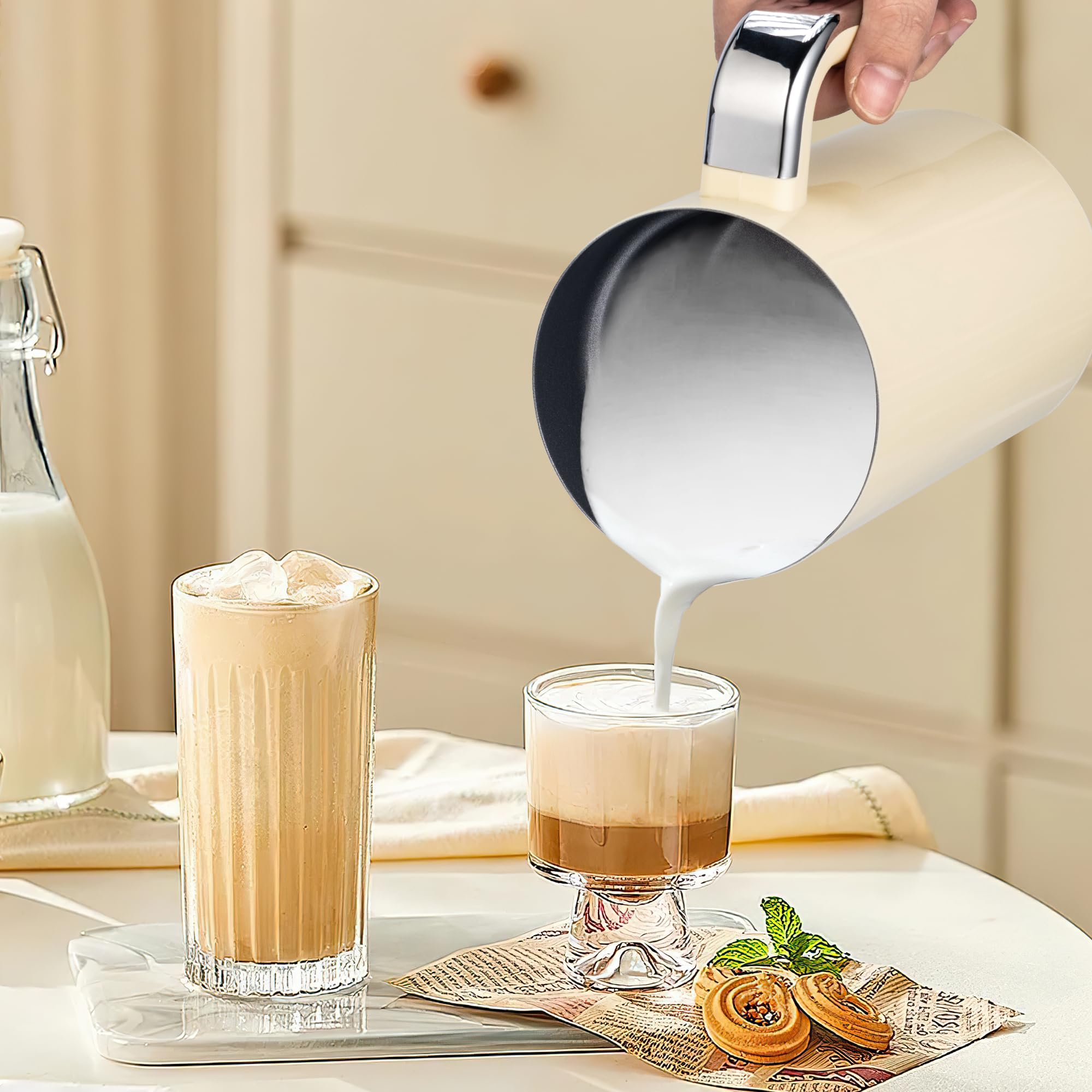 SUSTEAS Milk Frother and Steamer, Electric 4 in 1 Warm and Cold Foam Maker, Automatic Shut-Off Frother with Two Whisks for Latte, Cappuccino, Hot Chocolate, 500W, Beige, 8oz/240ml