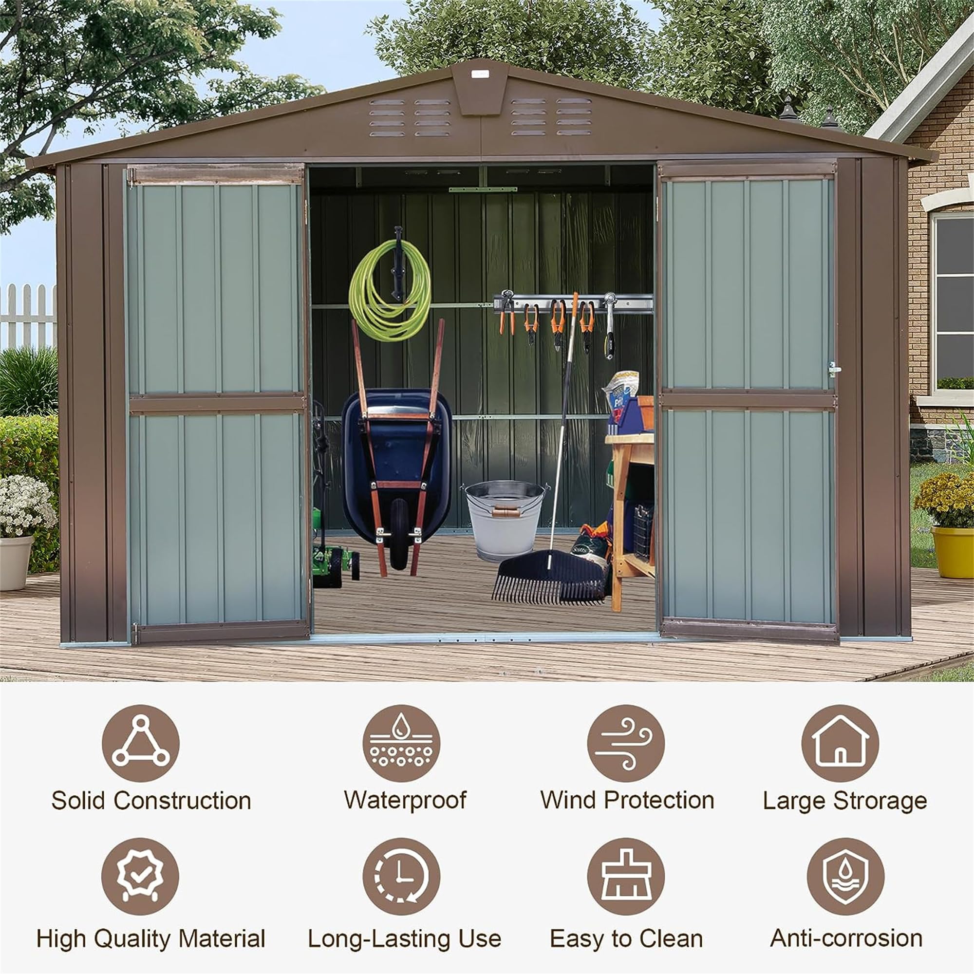 HiKingKing 10x8 Ft Metal Outdoor Tool House, Large Steel Utility Backyard Storage Sheds with Double Lockable Doors & Air Vents, Waterproof for Garden, Patio Lawn, Brown