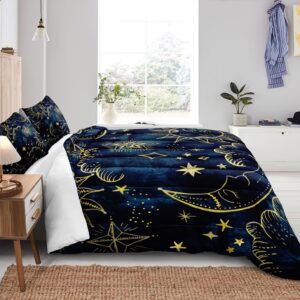 Merryword Sun and Moon Comforter Set Queen Size Blue Gold Bedding Comforter Blue Universe Galaxy Sun Moon Pattern Bohemian Gothic Comforter Set for Kids Boys Teens